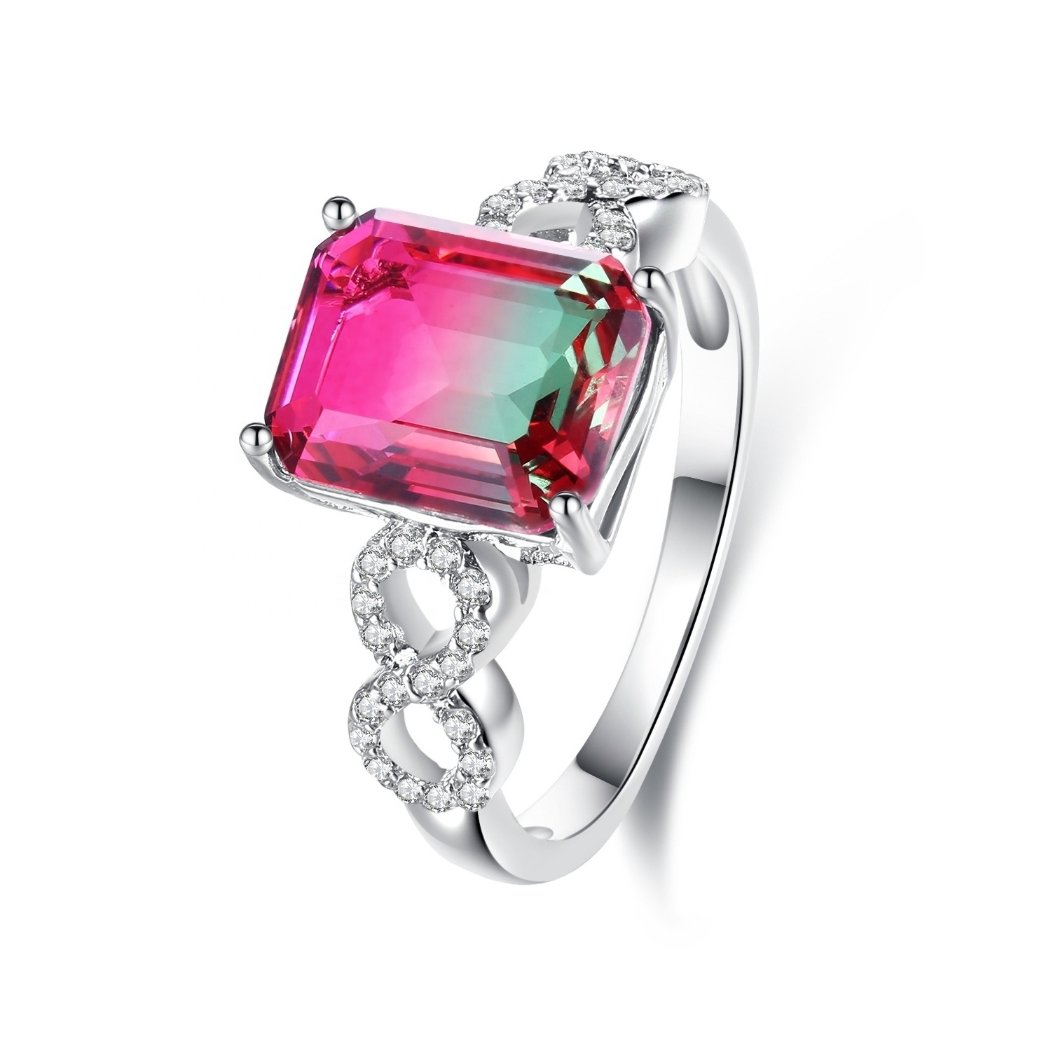 Factory Custom Emerald Cut Prong Set  Rhodium-plated Lab Created Watermelon Tourmaline Ring Woman