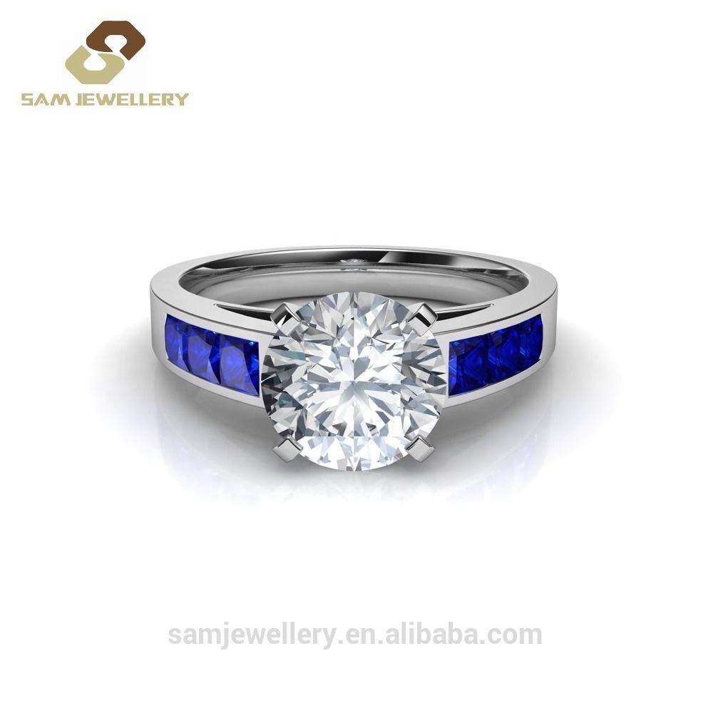 Custom Jewelry 925 Sterling Silver Round CZ Channel Set Blue Sapphire Side Stones Brilliant Engagement Ring