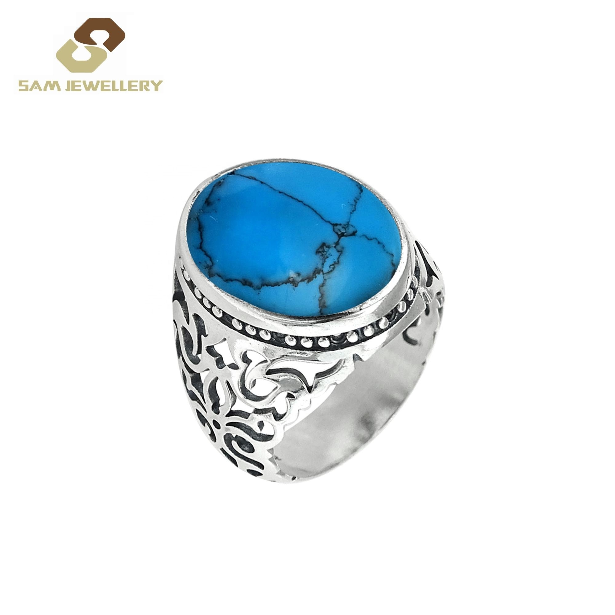 Designer Feroza Islamic Ring 925 Sterling Silver Gypsy Setting Oval Blue Turquoise Men's Wedding Ring jewelry