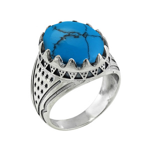 Designer Feroza Islamic Ring 925 Sterling Silver Gypsy Setting Oval Blue Turquoise Men's Wedding Ring jewelry