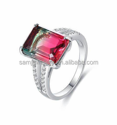 Factory Custom Emerald Cut Prong Set  Rhodium-plated Lab Created Watermelon Tourmaline Ring Woman