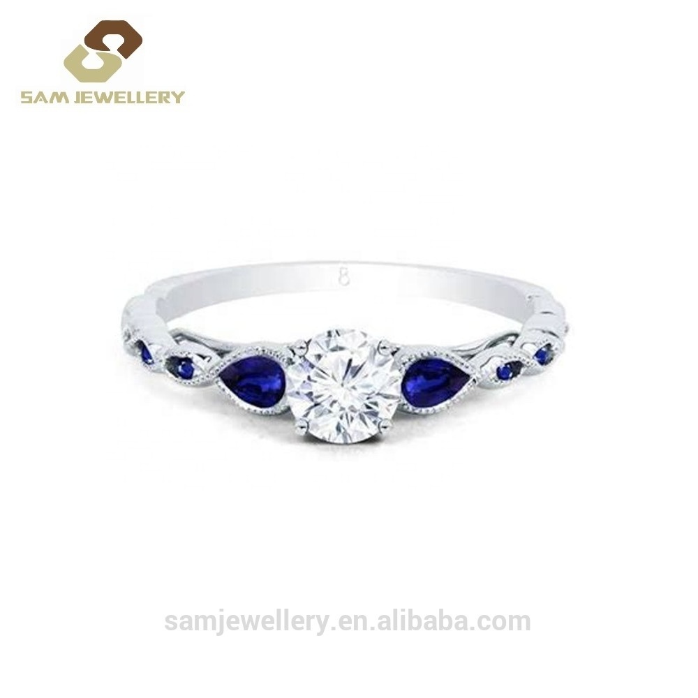 Custom Jewelry 925 Sterling Silver Round CZ Channel Set Blue Sapphire Side Stones Brilliant Engagement Ring