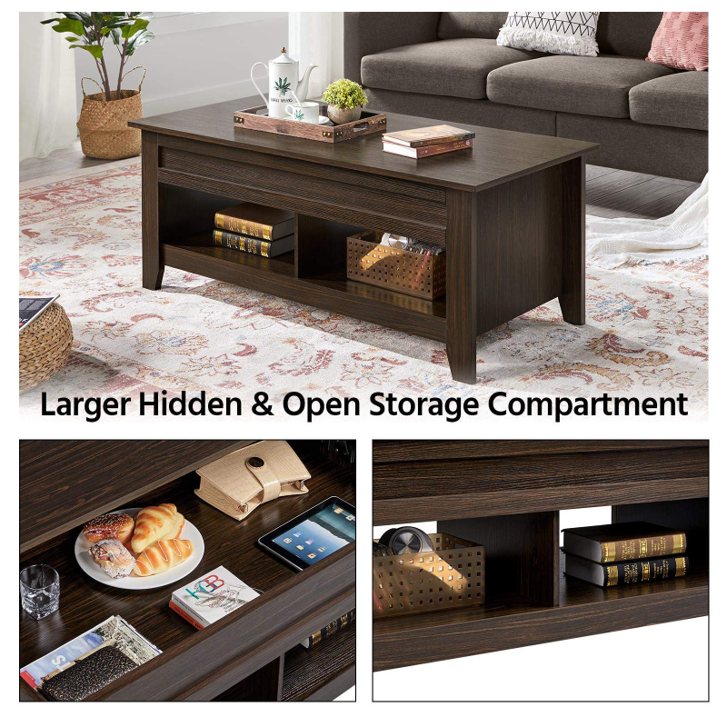 KFZ-10 Lift Top Coffee Table with Hidden Storage Compartment Rising Tabletop Pop Up Center Table for Living Room