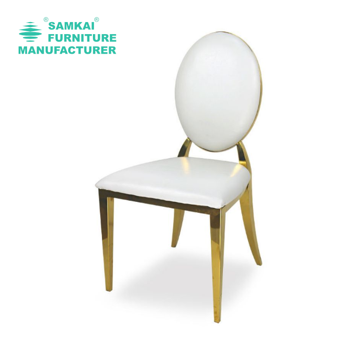 Elite White Leather Banquet Chair with Gold Metal Elegance for Event and Dining Spaces