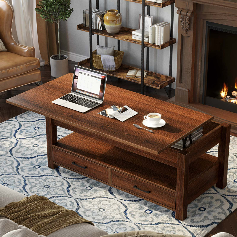 KFZ-13 Lift Top Coffee Table with Drawers and Hidden Compartment Table with Wooden Lift Tabletop for Living Room