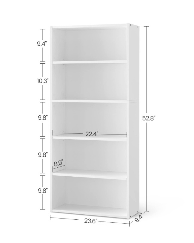 SJ-1 Bookshelf 5-Tier Open Bookcase with Adjustable Storage Shelves Floor Standing Unit Cloud White