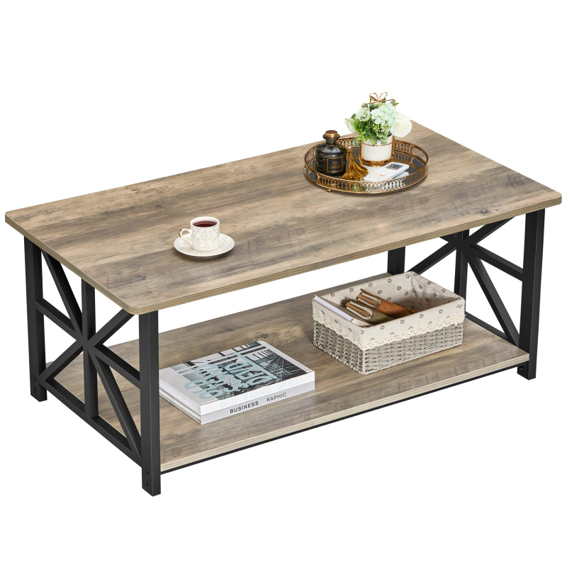 KFZ-14 Coffee Table Living Room with Round Corners Farmhouse Style Center Table with Storage Shelf 39 Inch Space Saving Easy