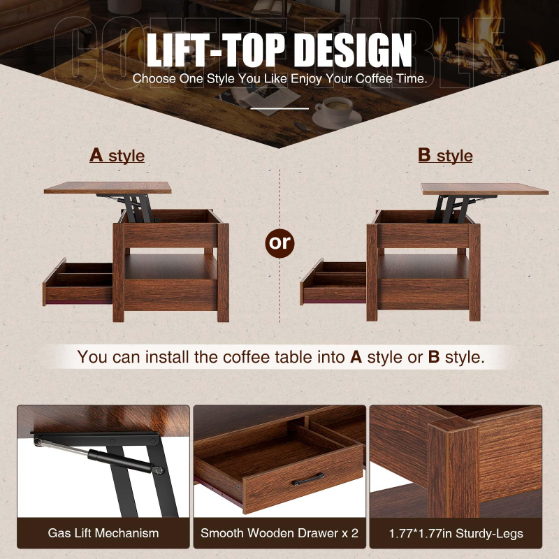 KFZ-13 Lift Top Coffee Table with Drawers and Hidden Compartment Table with Wooden Lift Tabletop for Living Room