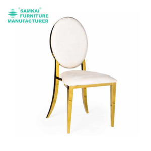 Elite White Leather Banquet Chair with Gold Metal Elegance for Event and Dining Spaces