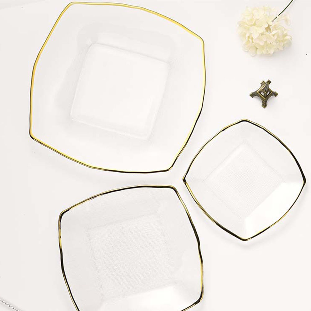 Samlife Wholesale Restaurant Wedding Crystal Glass Square White and Gold Charger Plates