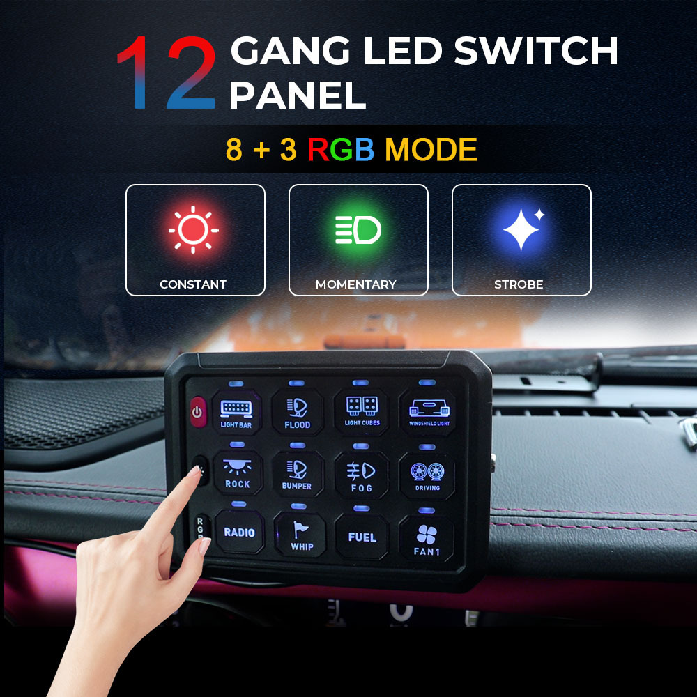 Custom 12V 24V car led light 12 gang switch panels RGB LED switch panel for ATV UTV Jeep Offraod