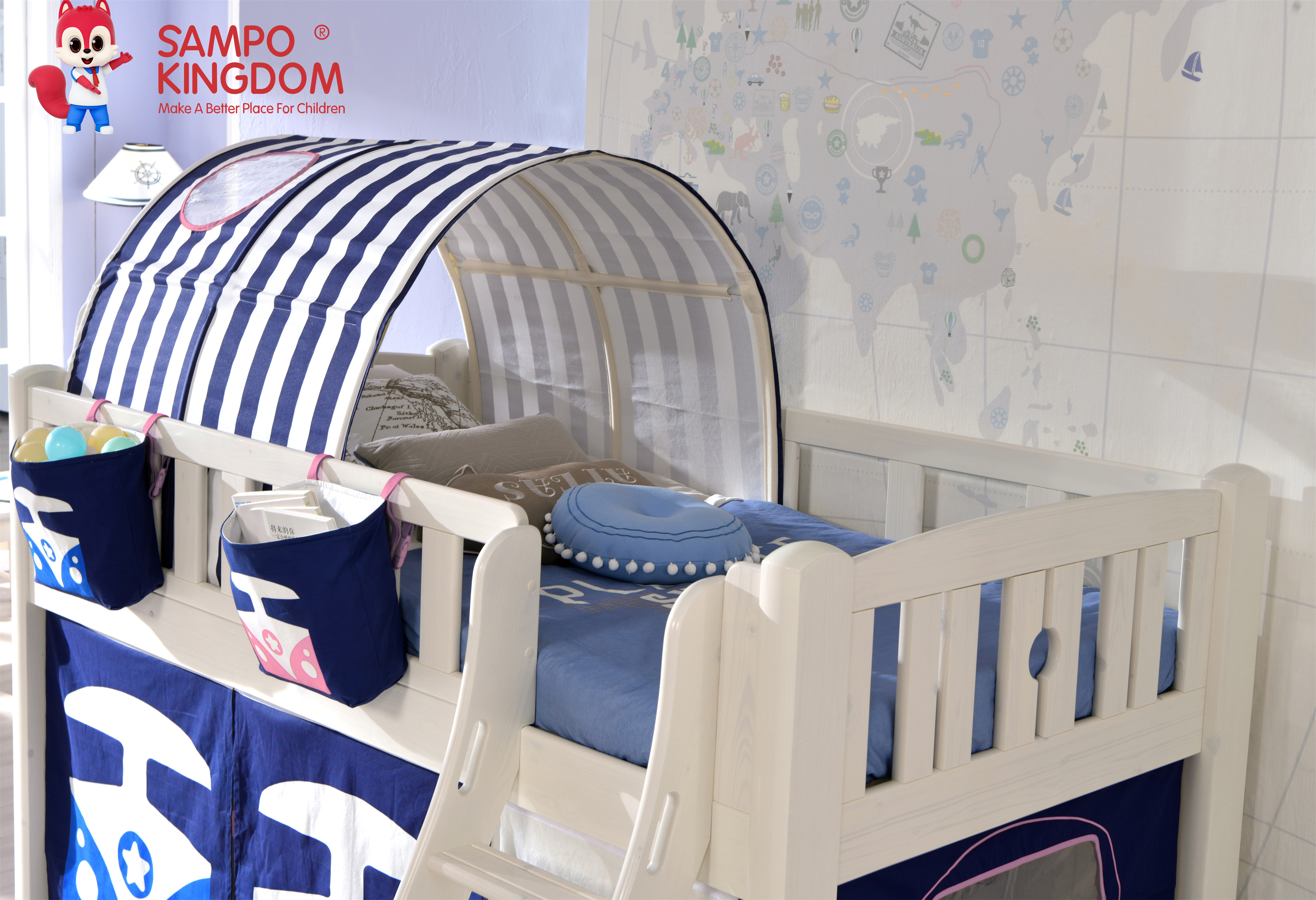 For Children Bedroom Furniture Sampo Design Funny Tent White Wash Color One Person Ladder Wood Child & Kids Mid-Loft Cabin Bed