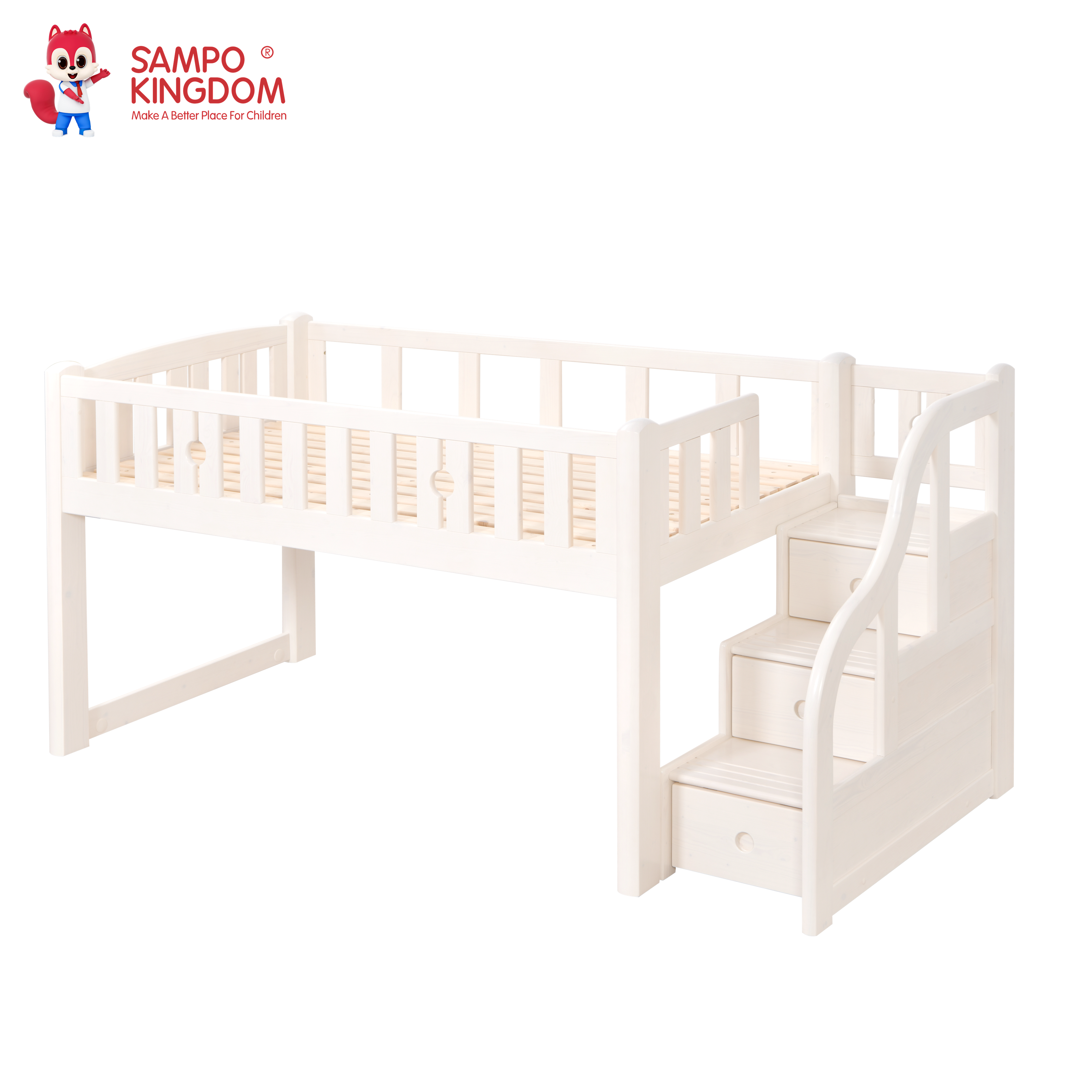 Sampo Factory Original Classic Design Mid-Loft Kids Bed With Staircase Drawers Bed Children Kids Princess Solid Wood Cama Bed