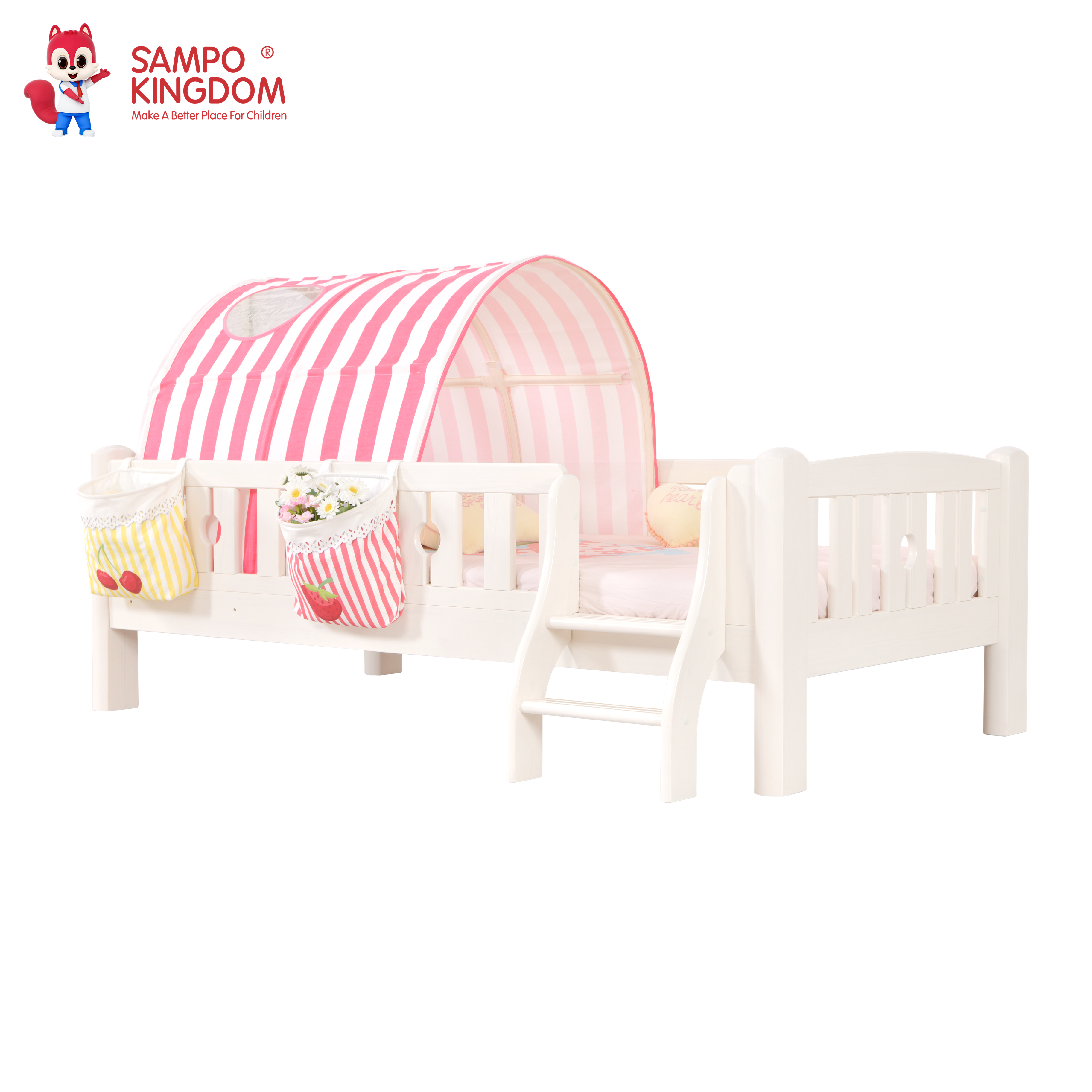 Sampo Manufacturer Directly Supply With Small Funny Ladder Guardrail Small Sleeping Simple Single Toddler Full Wooden Kids Bed