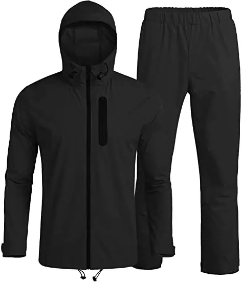 Mens Waterproof Rain Suit With Hood 2 Pieces Lightweight Fishing Camping Rain Jacket and pant set