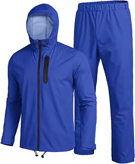 Mens Waterproof Rain Suit With Hood 2 Pieces Lightweight Fishing Camping Rain Jacket and pant set