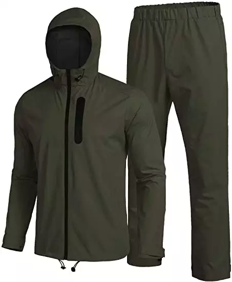 Mens Waterproof Rain Suit With Hood 2 Pieces Lightweight Fishing Camping Rain Jacket and pant set