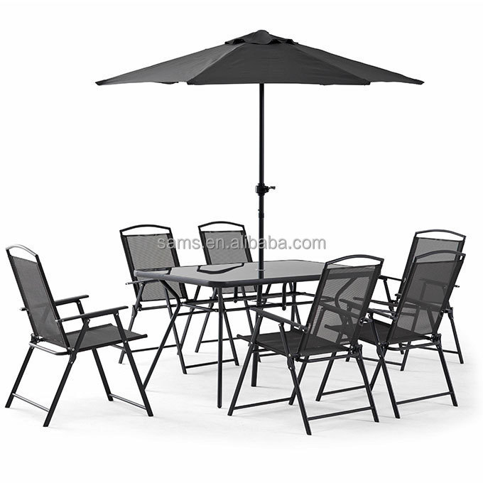 Wholesale Outdoor Leisure Dining Table Set 6 Seater 8 Piece Coffee Shop Tables And Chairs With Parasol  With Umbrella