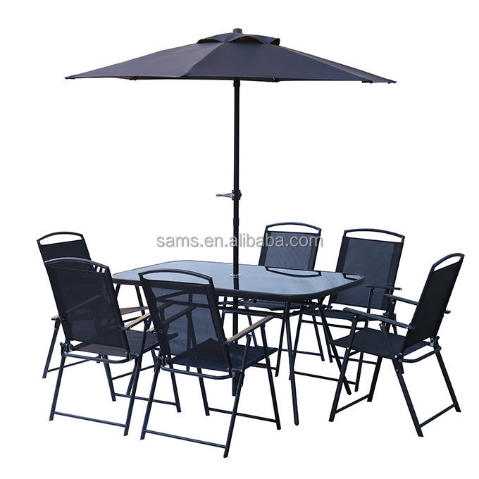 Wholesale Outdoor Leisure Dining Table Set 6 Seater 8 Piece Coffee Shop Tables And Chairs With Parasol  With Umbrella