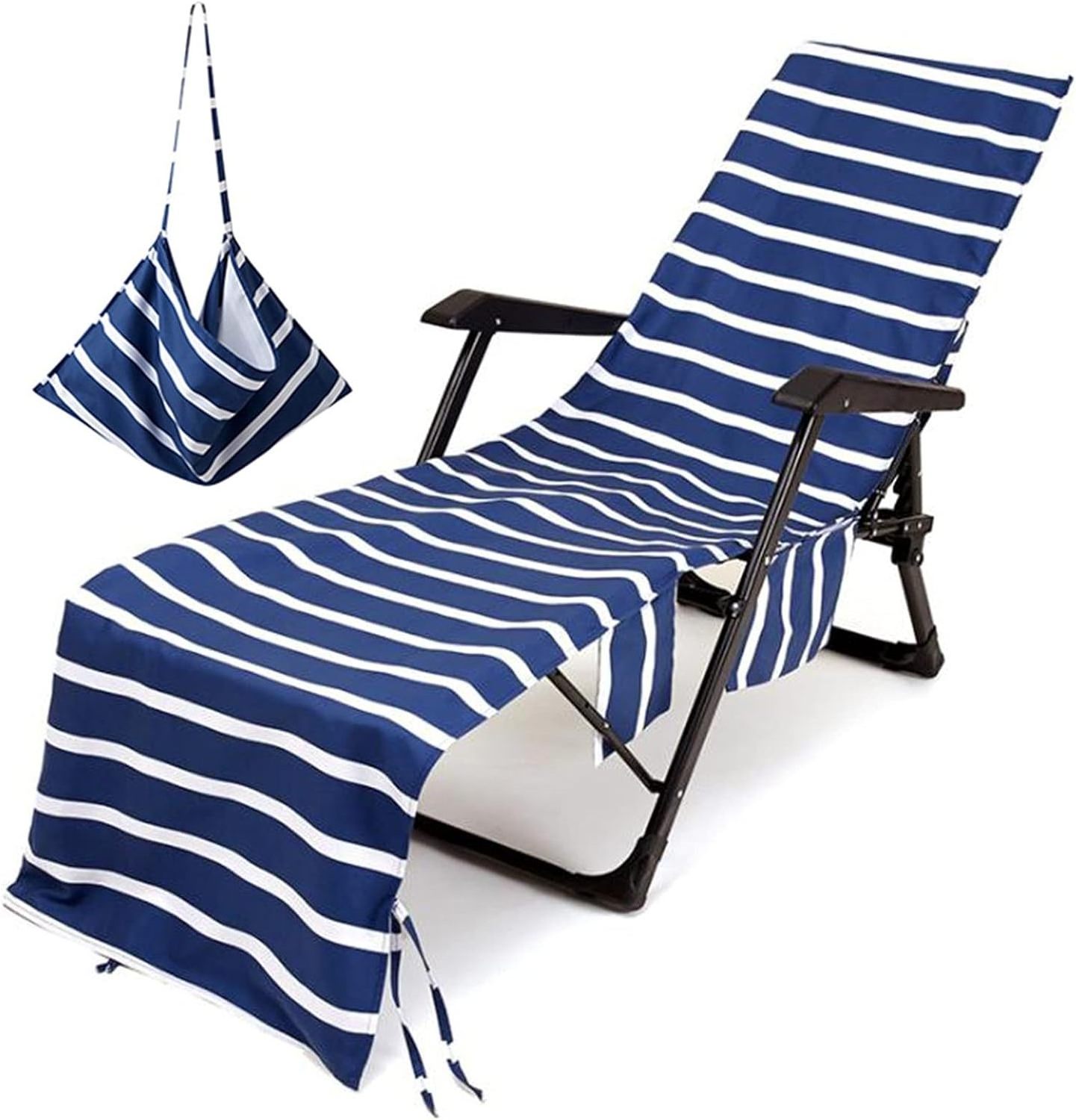 Stripe Beach Chair Cover Towel, Pool Lounge Chaise Towel Sun Lounger Cover, Chaise Lounge Towel Cover with Side Storage Pockets