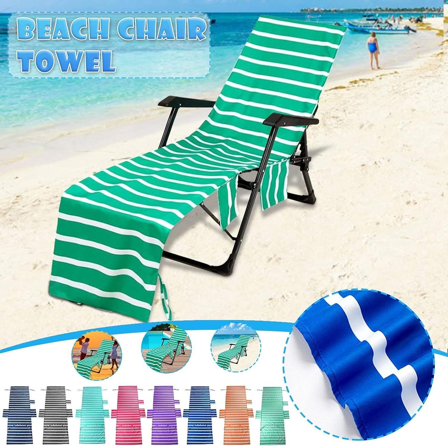 Stripe Beach Chair Cover Towel, Pool Lounge Chaise Towel Sun Lounger Cover, Chaise Lounge Towel Cover with Side Storage Pockets