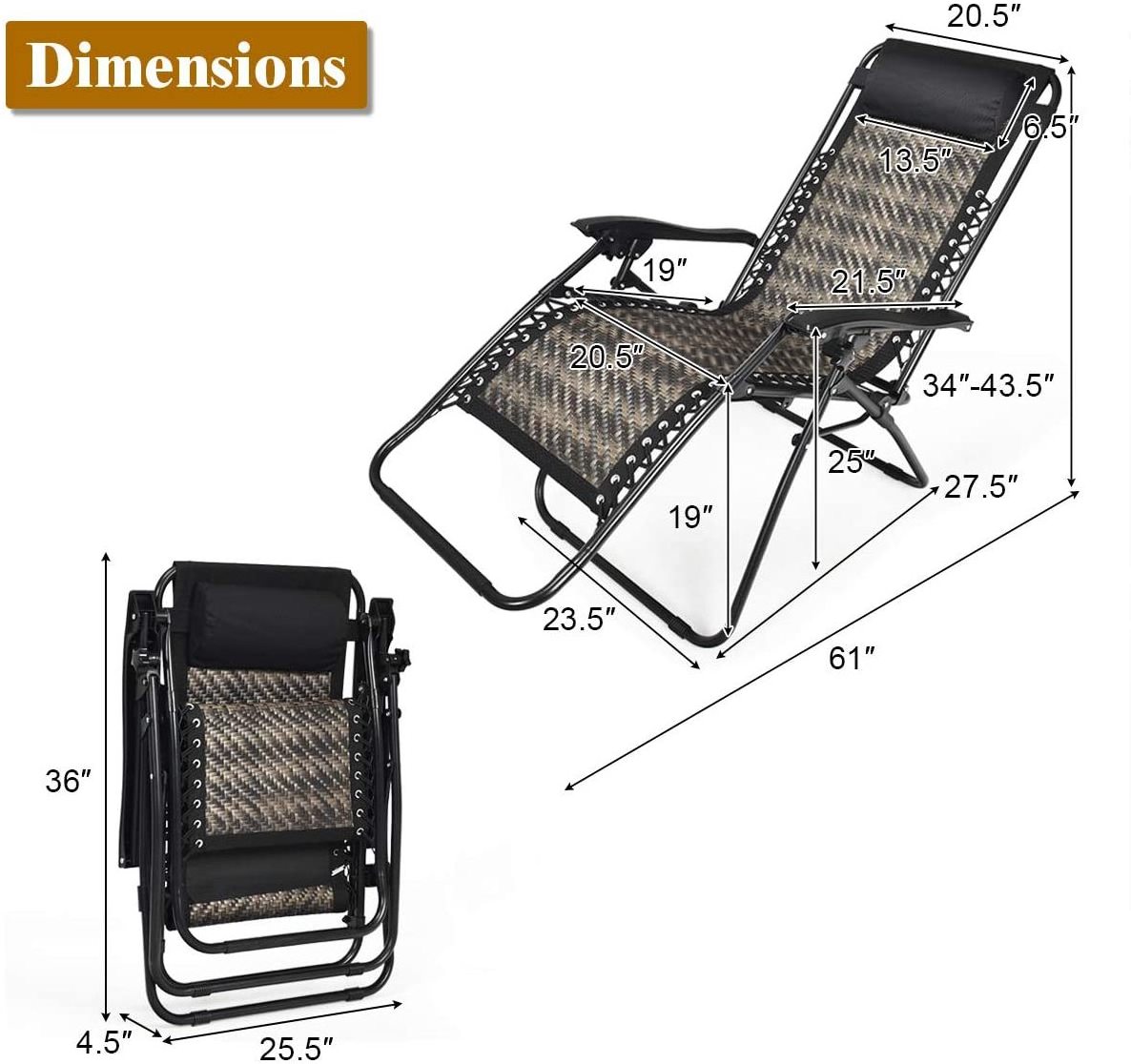 Outdoor Garden Zero Gravity Chair Multi-position Recliner Folding Reclining Chair SunLounge Chair with Back Adjustable, pillow