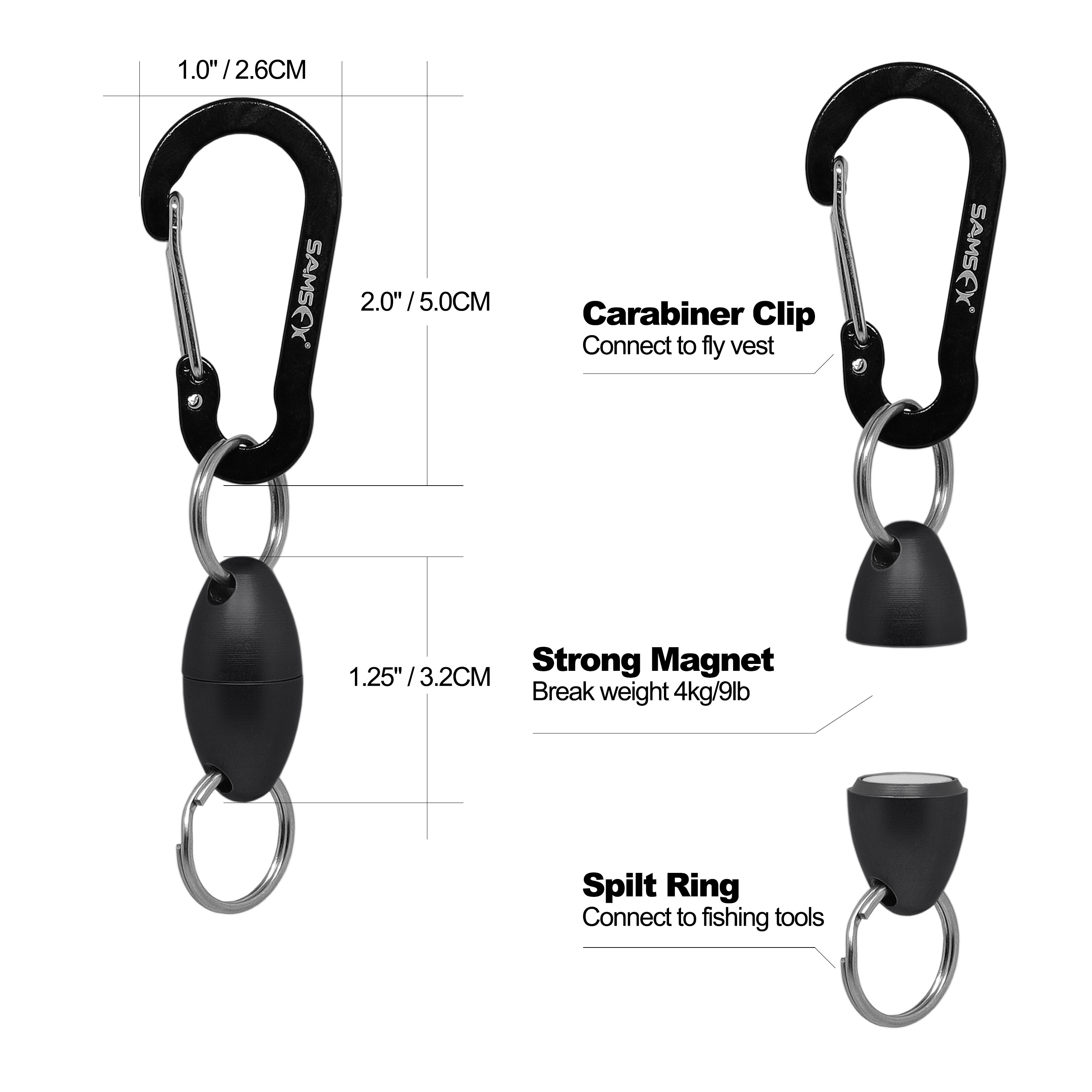 SAMSFX Fishing Magnetic Net Release Holder for Fly Fishing ( Carabiner Clip & Coiled Lanyard & Olive Shape 9lb Magnet )