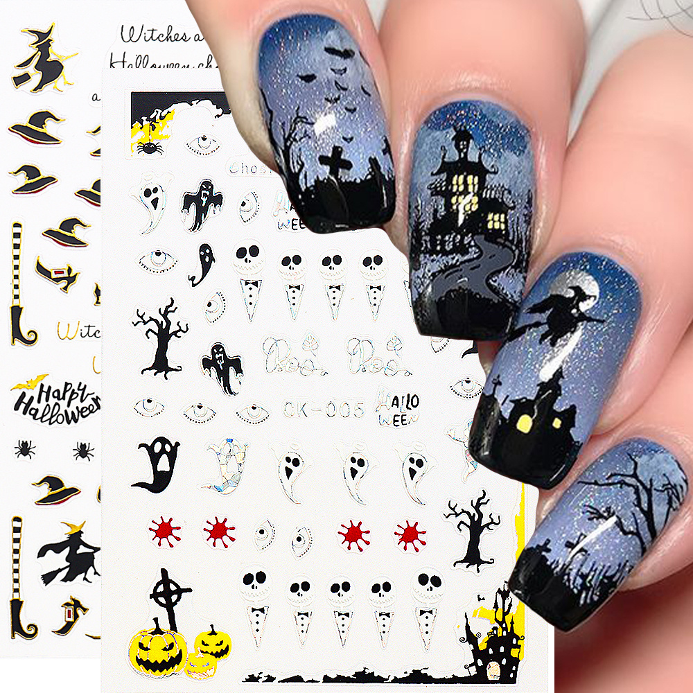 Newest Halloween Nail Art Stickers 2023 Spider Bat Ghost Nail Decals Kids DIY Skull Pumpkin Cartoon Nail Stickers Halloween