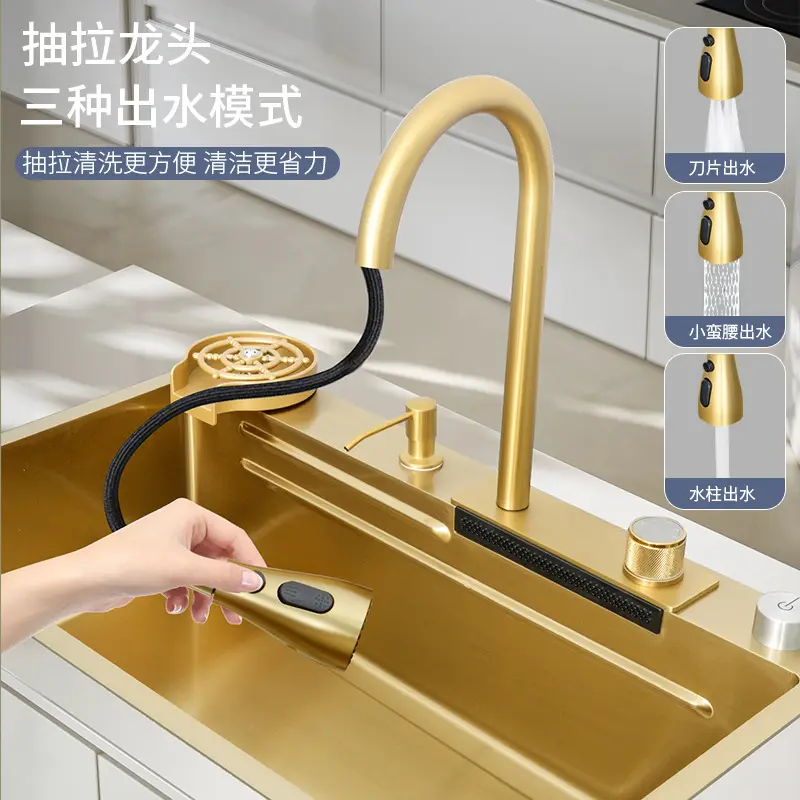 Nano Step Kitchen Sink Stainless Steel Handmade Above Mount Waterfall Faucet kitchen sink Kitchen faucet with base waterfall