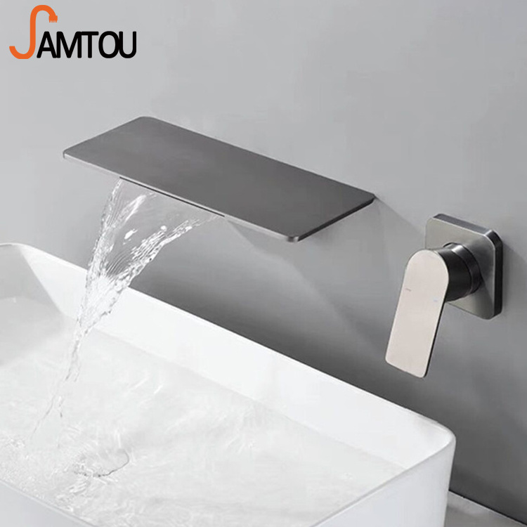 SAMTOU brass wall bathroom faucet,black basin faucet waterfall bathroom faucet,single handle brass bathroom basin faucet