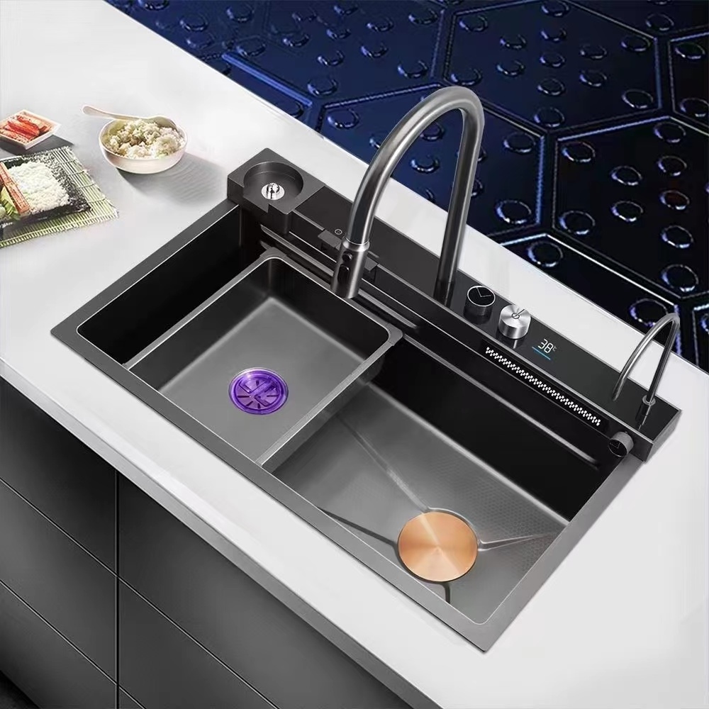 SAMTOU Sanitary Ware Wash Basin Double Bowl Stainless Steel Handmade Kitchen Undermount Sink With Waterfall Faucet cup washer