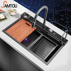 SAMTOU Sanitary Ware Wash Basin Double Bowl Stainless Steel Handmade Kitchen Undermount Sink With Waterfall Faucet cup washer