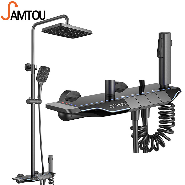 SAMTOU 2023 new product digital display smart mixer with LED light 4 function thermostatic shower set gun metal piano button shower