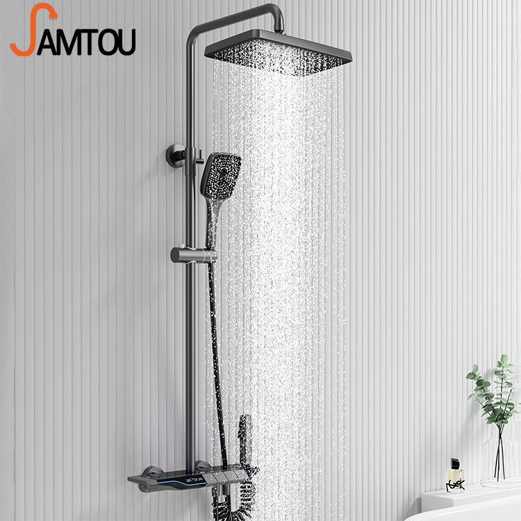 SAMTOU 2023 new product digital display smart mixer with LED light 4 function thermostatic shower set gun metal piano button shower