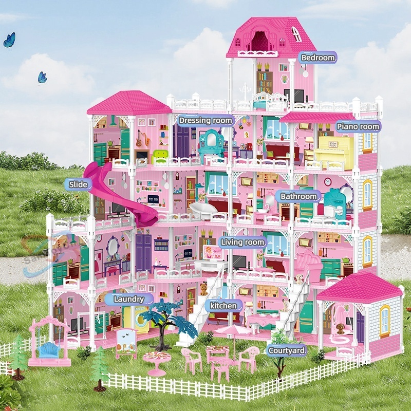 Samtoy DIY Play House Princess Pink Girl Toy Doll House Furniture Accessories 4 Stories 10 Rooms Luxury Villa Castle Dollhouse