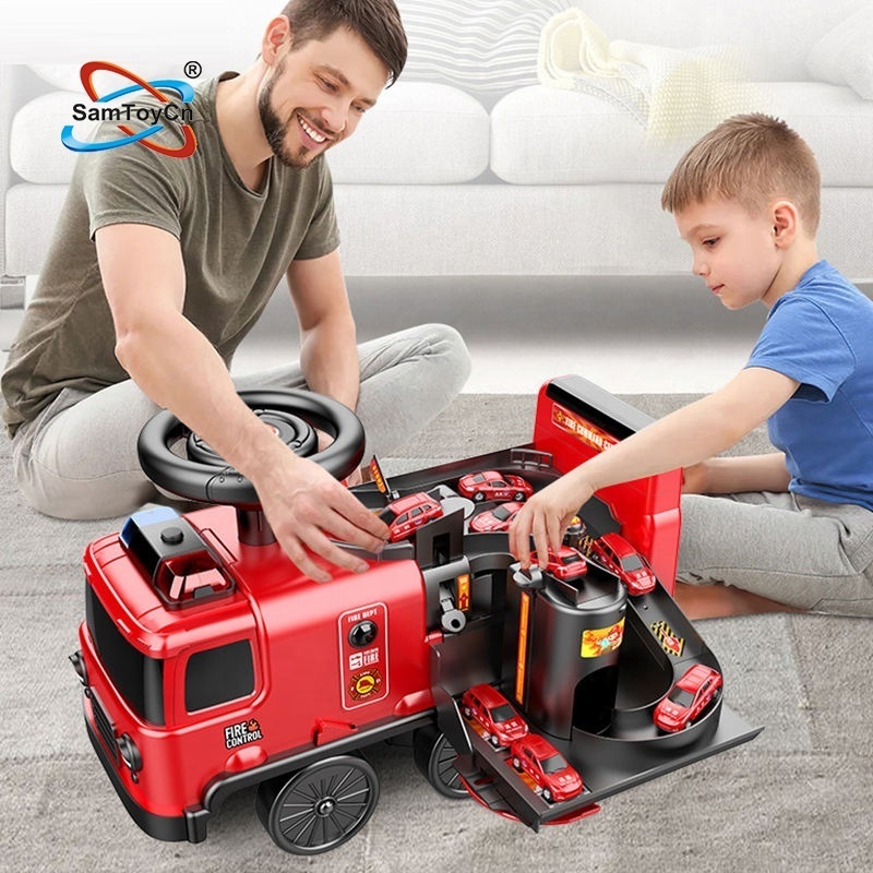 Samtoy 2 in 1 Electric Battery Power Car Toys Adventure Kids Ride on Car Toy Fire Truck with Parking Lot Toy