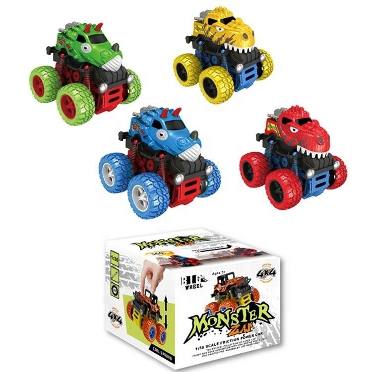 Samtoy 4 Colors Mixed Metal Die Cast Power Stunt Big Wheel Double Friction Dinosaur Car Toy for Kids