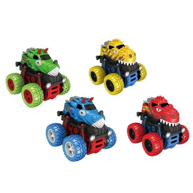 Samtoy 4 Colors Mixed Metal Die Cast Power Stunt Big Wheel Double Friction Dinosaur Car Toy for Kids