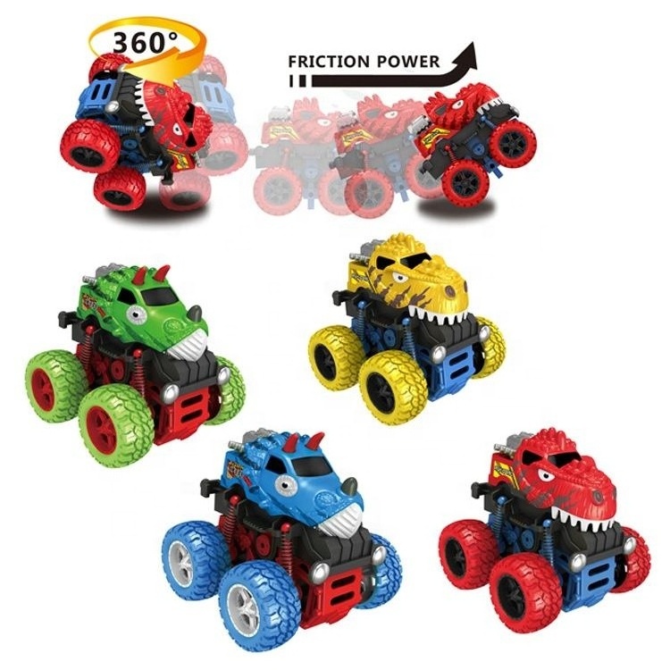 Samtoy 4 Colors Mixed Metal Die Cast Power Stunt Big Wheel Double Friction Dinosaur Car Toy for Kids