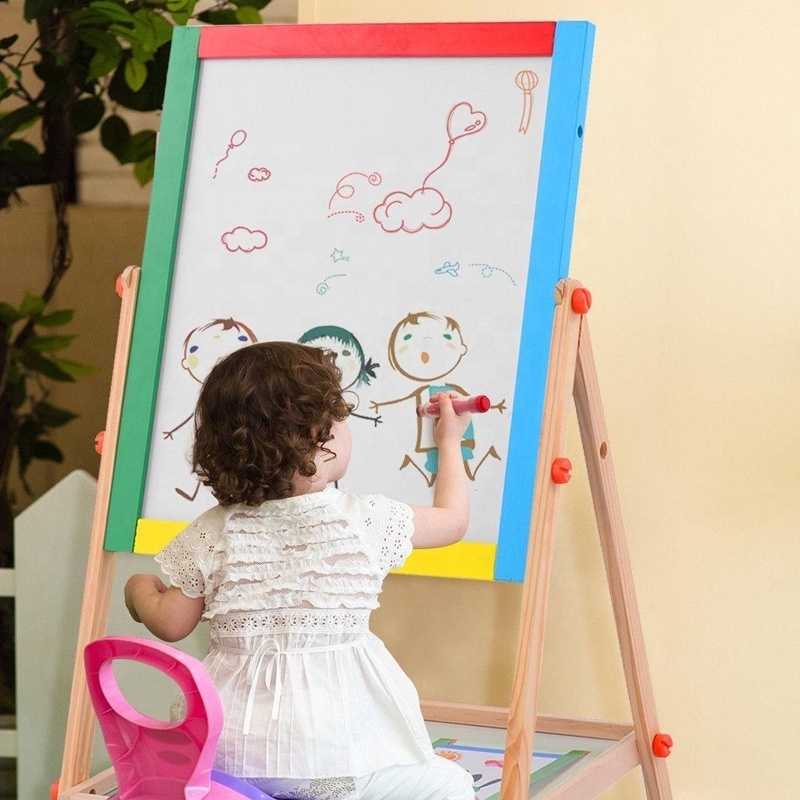 Samtoy Educational Montessori 2 In 1 Double Side Magnetic Stand Easel Whiteboard Blackboard Wooden Drawing Board for Children