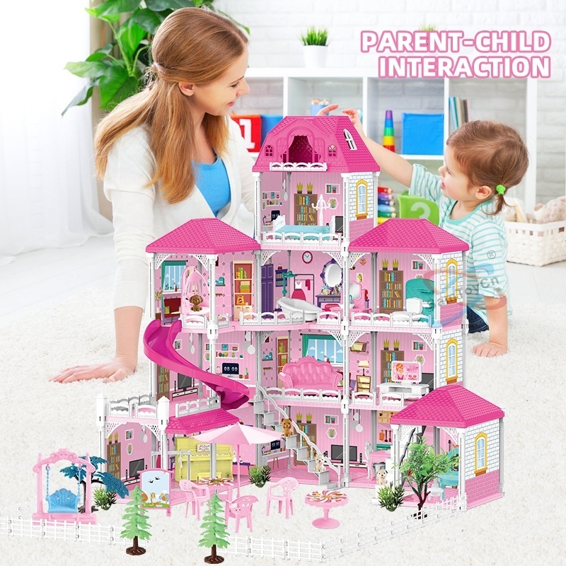 Samtoy DIY Play House Princess Pink Girl Toy Doll House Furniture Accessories 4 Stories 10 Rooms Luxury Villa Castle Dollhouse