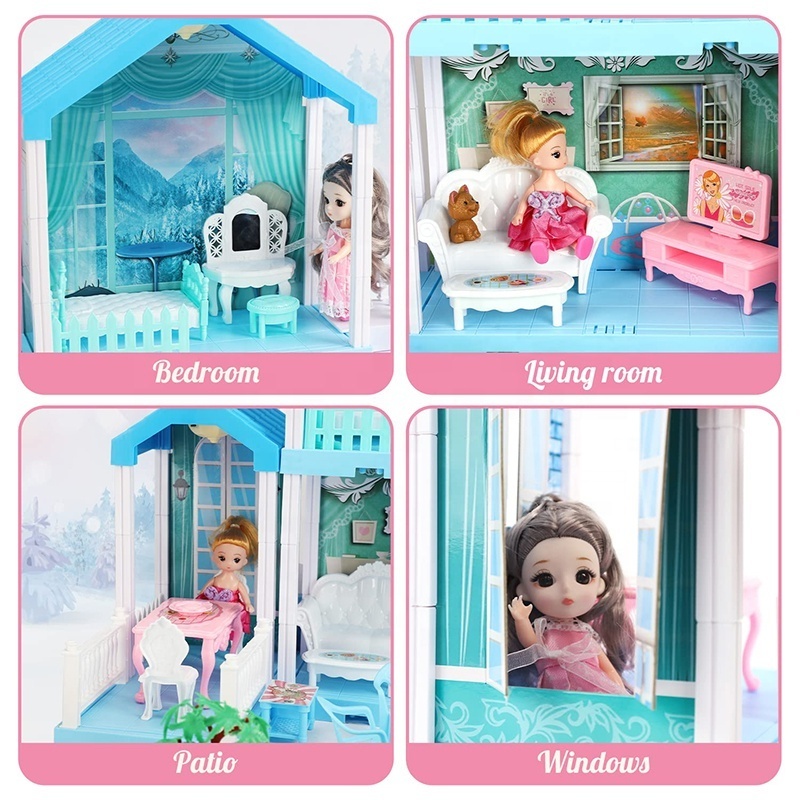 (Only for US customers) TOY Life Blue Girl Pretend Furniture Toys Miniature House Big Doll House for Kids with Accessories