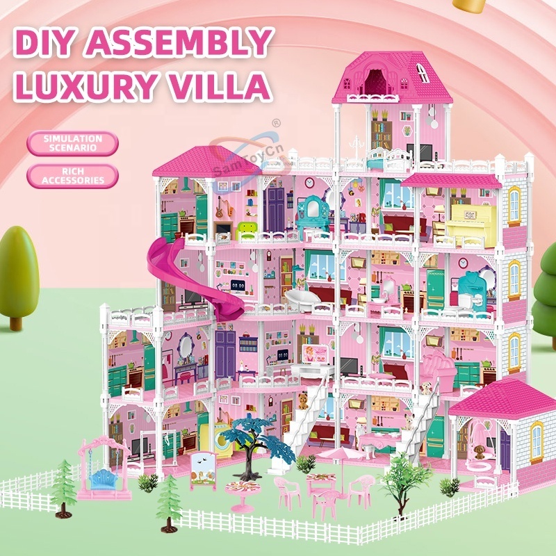 Samtoy DIY Play House Princess Pink Girl Toy Doll House Furniture Accessories 4 Stories 10 Rooms Luxury Villa Castle Dollhouse