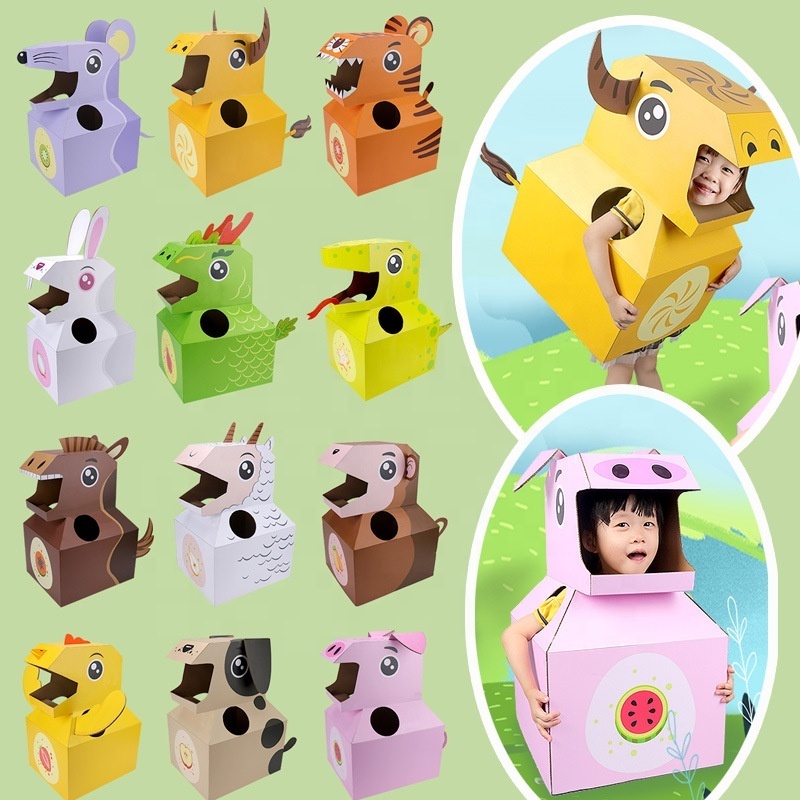 12 Chinese Zodiac Animals 3D Paper Cardboard Shells Wearing Models Toy