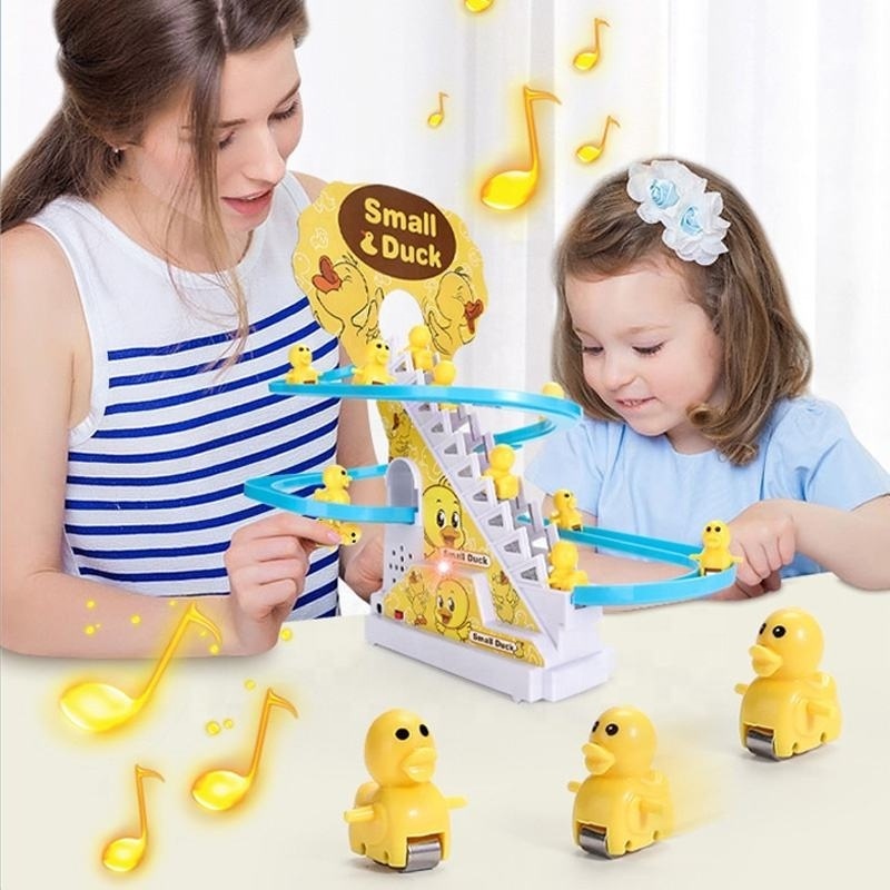 Baby Game Electric Auto Sliding Railway Track Roller Coaster Slot 3 Little Yellow Small Duck Climbing Stairs Toy with Music