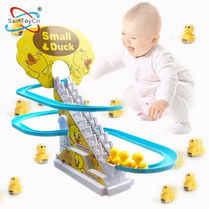 Baby Game Electric Auto Sliding Railway Track Roller Coaster Slot 3 Little Yellow Small Duck Climbing Stairs Toy with Music