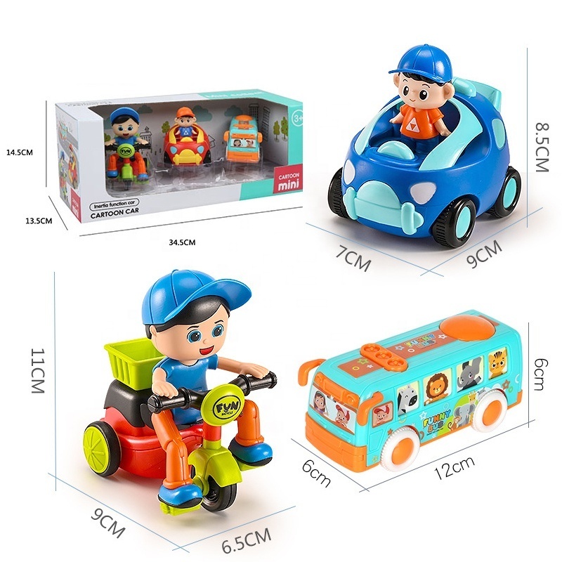 Samtoy Kids 3PCS Plastic Cartoon Cute Bus Friction Power Pull Back Small Toy Car for Children