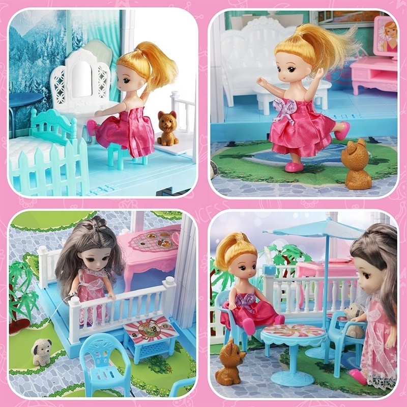 (Only for US customers) TOY Life Blue Girl Pretend Furniture Toys Miniature House Big Doll House for Kids with Accessories