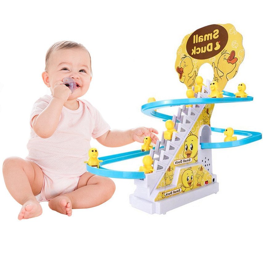 Baby Game Electric Auto Sliding Railway Track Roller Coaster Slot 3 Little Yellow Small Duck Climbing Stairs Toy with Music