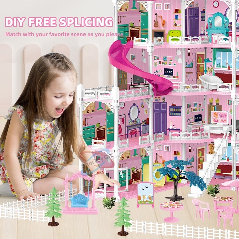 Samtoy DIY Play House Princess Pink Girl Toy Doll House Furniture Accessories 4 Stories 10 Rooms Luxury Villa Castle Dollhouse